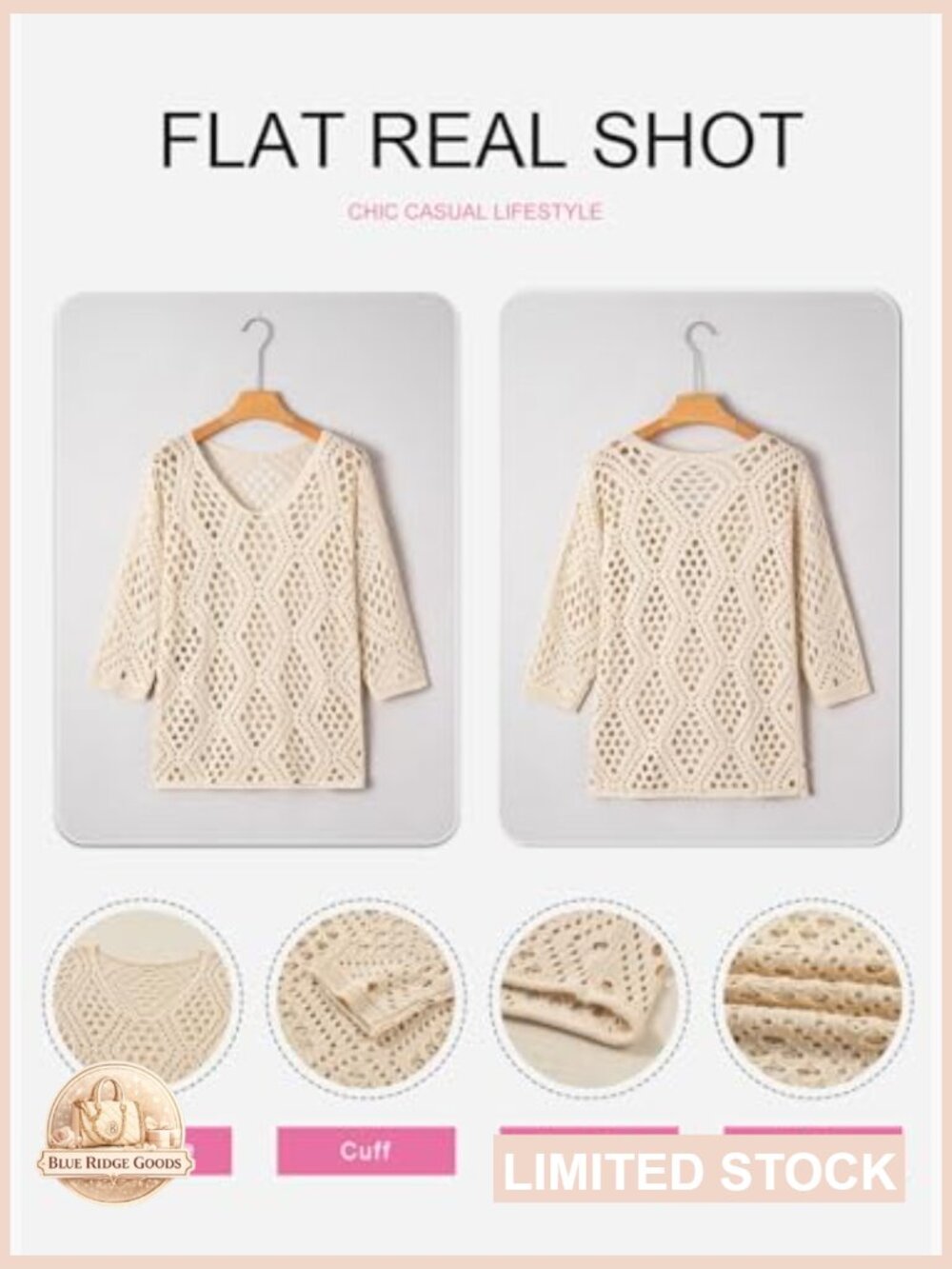 Crochet Hollow Out V-Neck Pullover Sweater Lightweight Boho Beach Cover Up 3/4 - Picture 4 of 7